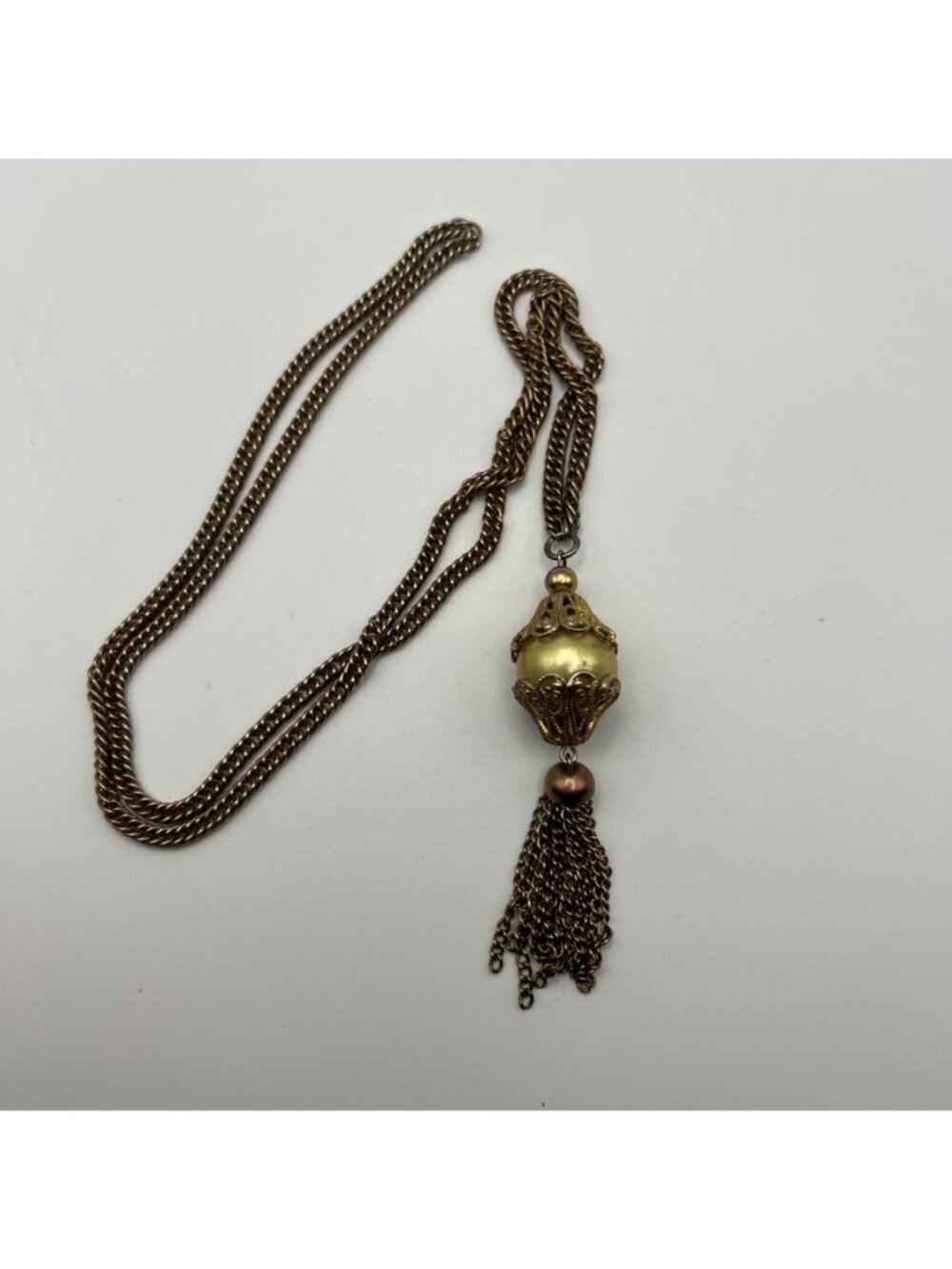Vintage Gold-Tone Necklace Filigree Faux Pearl Tassel 3.25" Pendant 28" Chain - Picture 3 of 6
